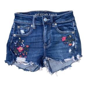 American Eagle Hi-Rise Shortie Stretch Floral Embroidered Jean Shorts Size 00